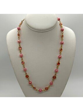 Vintage Two Sisters Signed Pink Faux Pearl Bezel Gold Tone Station Long Necklace